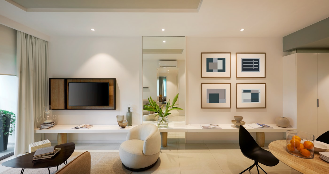 Sala de estar de apartamento compacto mobiliado